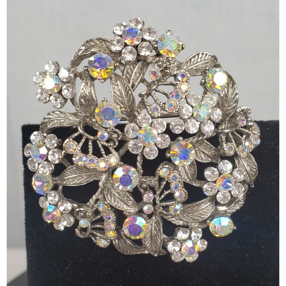 Vintage 1950's Flower Filigree AB Crystal Rhinestone Silver Tone 2" Brooch